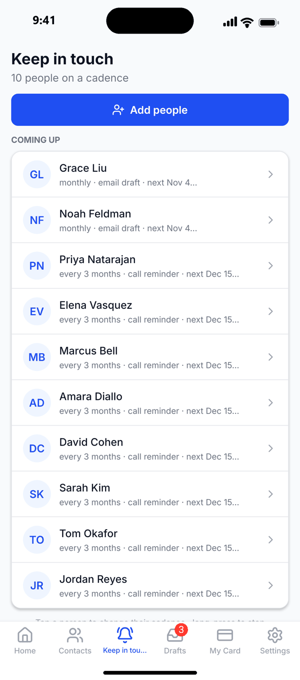 Keep in touch tab in the Capstone Outreach app listing who is due for a check-in and when