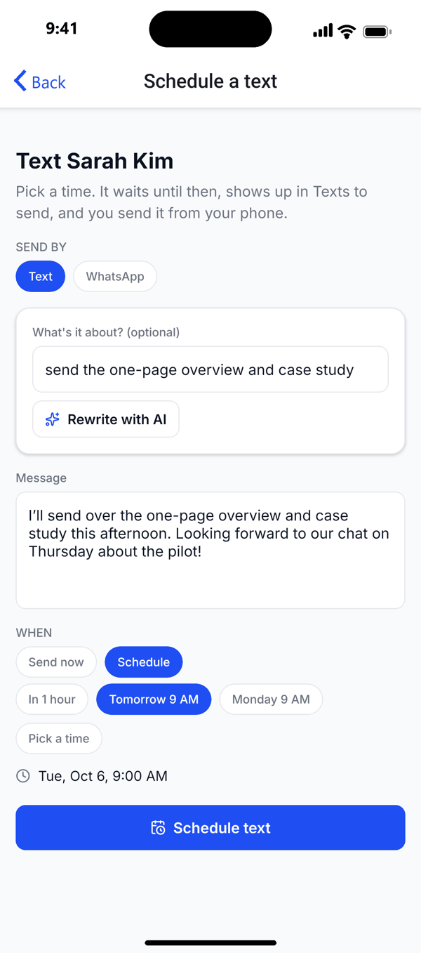 A text message written with AI from meeting notes and scheduled for tomorrow morning in the Capstone Outreach app