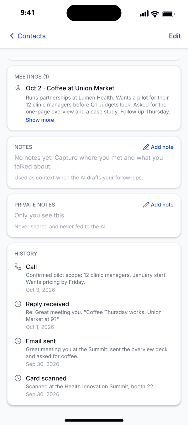 Contact timeline in the Capstone Outreach app with meeting notes, a call, a reply, an email and a card scan